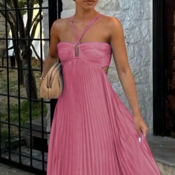 Pink Elegant Women's Spaghetti Straps Flowy Maxi Sundress - Picture 2 of 2